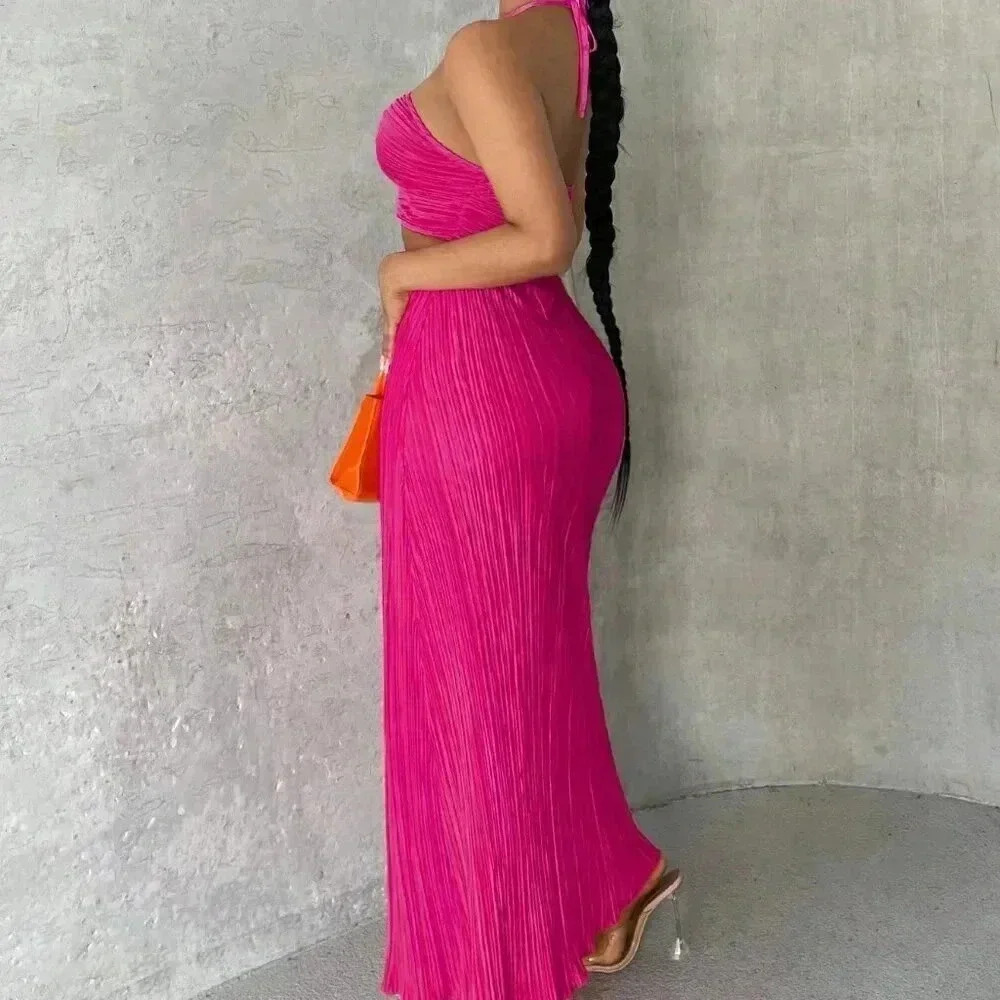 Hot Pink Sexy Women's Crisscross Tie Backless Halter Swing Dress - Picture 3 of 7
